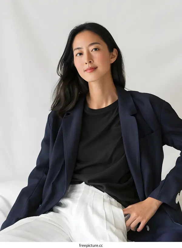 Asian Woman Wearing a Blue Blazer and White Pants Sitting on a White Background