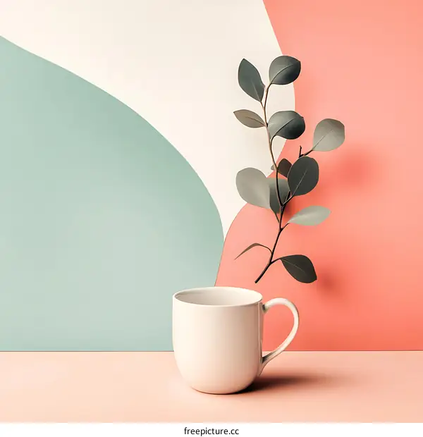 White Mug and Green Branch on Pastel Background