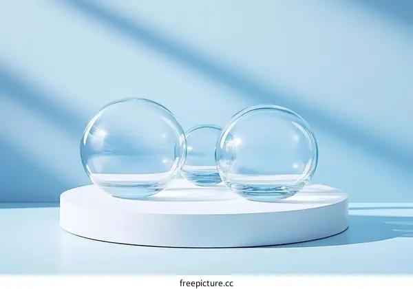 Three Transparent Glass Spheres on a White Pedestal