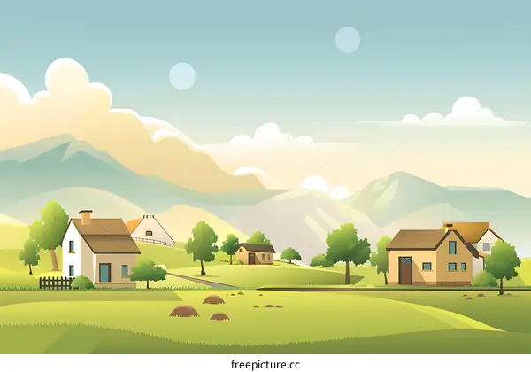 Cartoon Illustration of a Countryside Landscape with Houses and Mountains