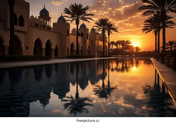 Luxury Middle Eastern Resort Pool with Palm Trees and Sunset