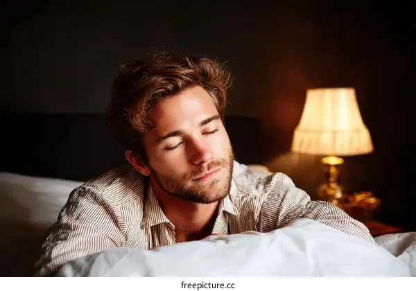 A Caucasian Man Sleeping in Bed at Night