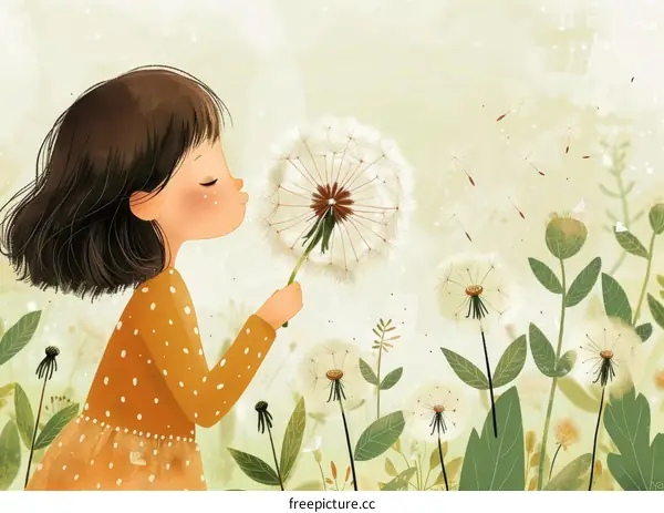 Little girl blowing dandelion flower