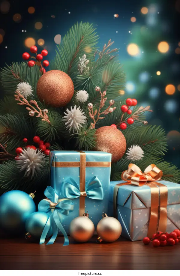 Christmas presents under a decorated fir tree