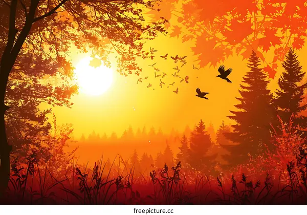 Sunset Silhouette of Trees and Birds in Forest