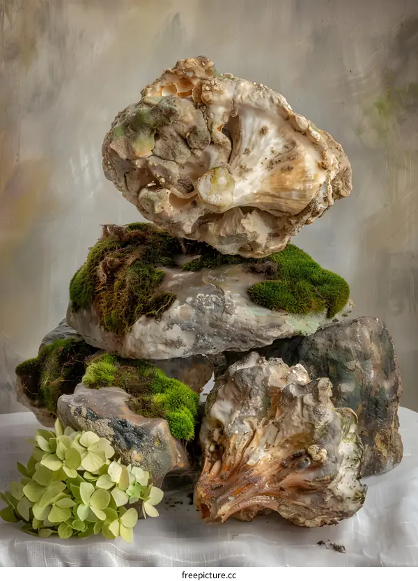 Close Up Of Stones With Moss And Flowers On A White Surface