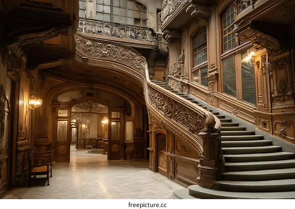 Ornate Wooden Staircase in a Grand Mansion