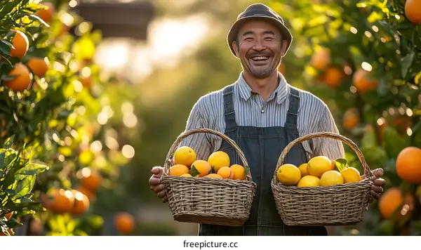 Asian Farmer with Baskets of Citrus Fruits
