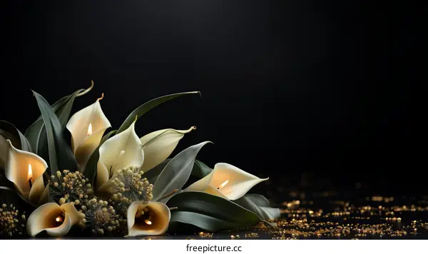 Elegant white calla lilies with burning candles on a black background