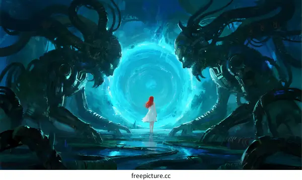 A Red-Haired Girl Facing Two Alien Creatures in a Blue Portal