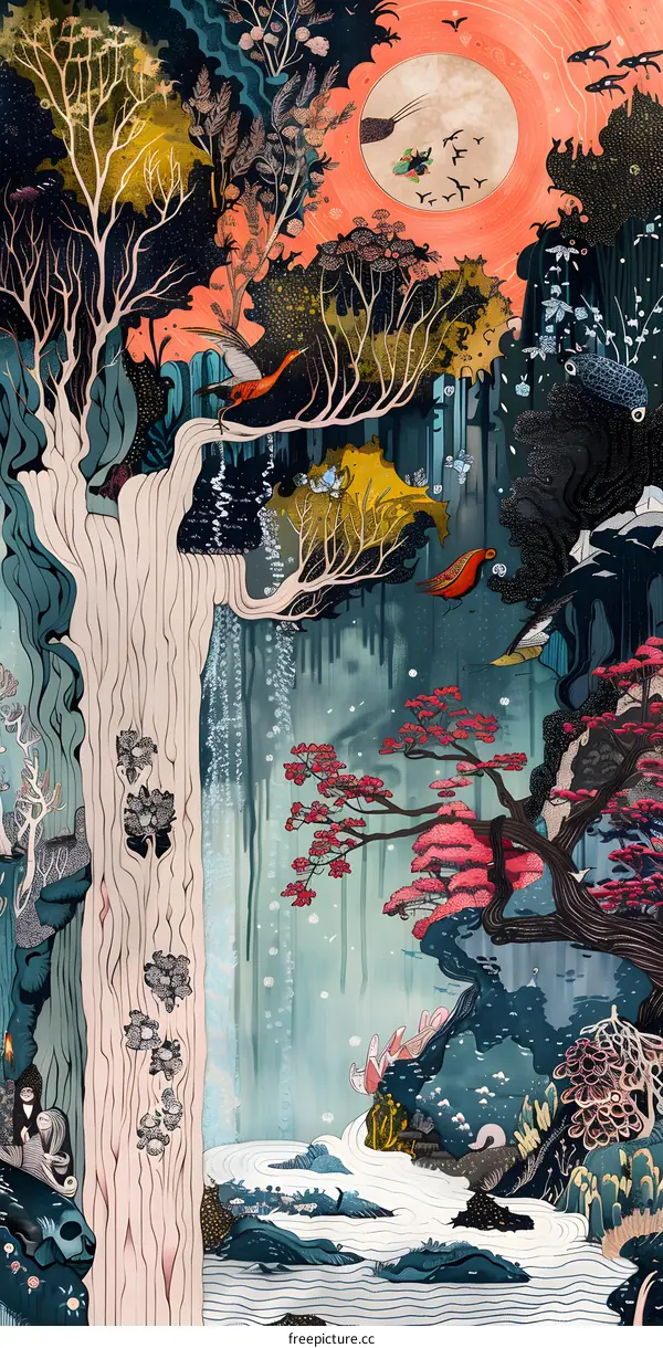 Fantasy Forest Illustration with Birds and Moon
