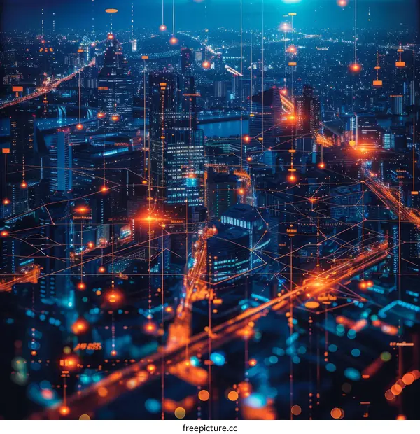 A digital painting of a futuristic city at night with glowing orange and blue lights