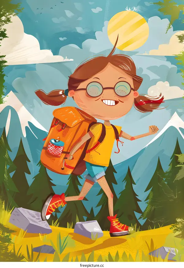Happy Girl Hiking with a Backpack on a Mountain Trail