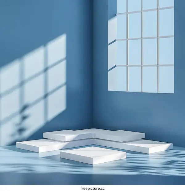 Minimalist Blue Room with White Podiums