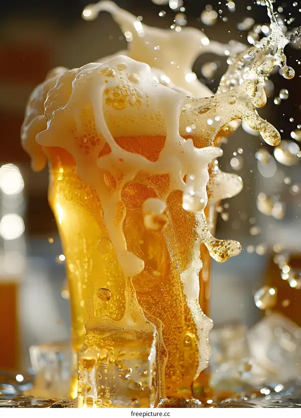 Cold Beer Splashing in Glass with Ice Cubes