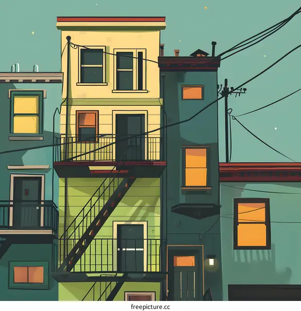 Colorful Illustration of Urban Row Houses