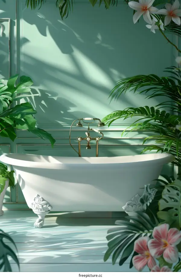 Elegant Bathtub Surrounded by Tropical Plants