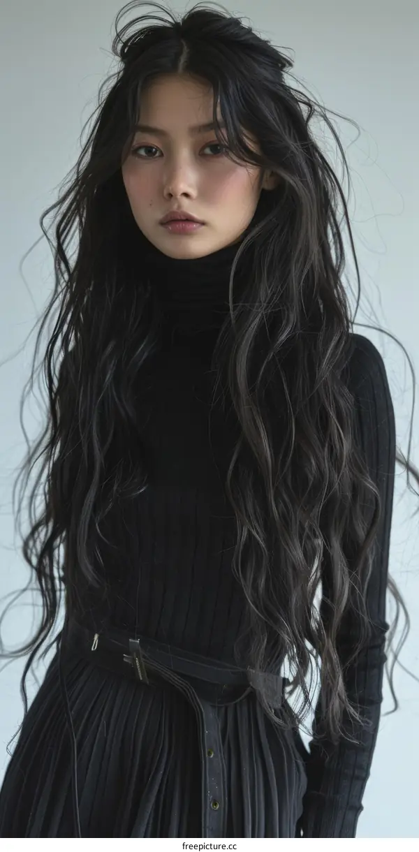 Portrait of a young Asian woman with long black hair wearing a black turtleneck dress