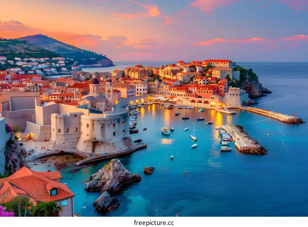 Aerial View of Dubrovnik City Walls and Harbor at Sunset