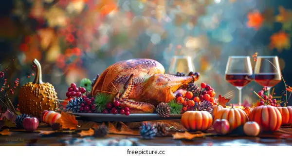 Roasted Thanksgiving Turkey Feast on Table