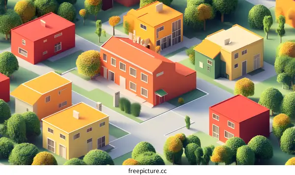 Low Poly Style Illustration Of Houses And Trees