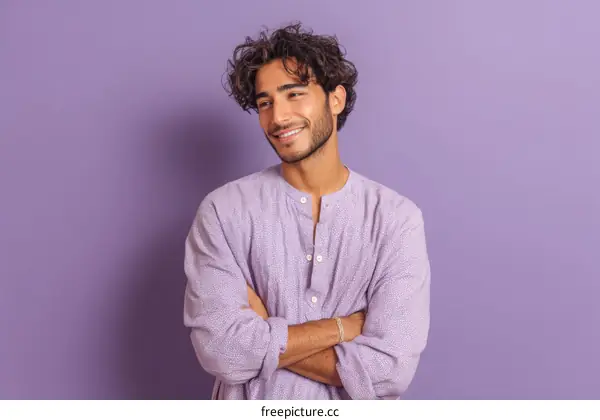 Smiling Man in Lavender Shirt Against a Purple Background