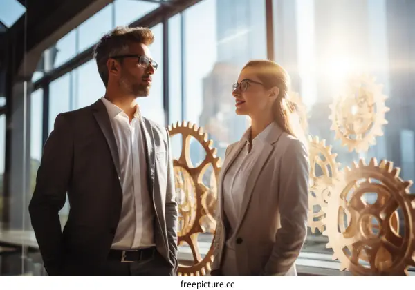 Business Colleagues in Discussion in Modern Office with Gears in Background