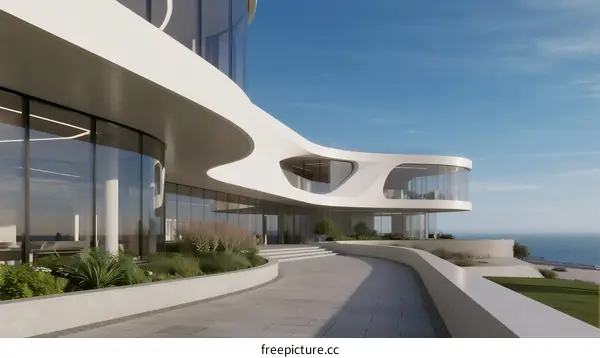Modern Coastal Building with Curved Architecture and Ocean View