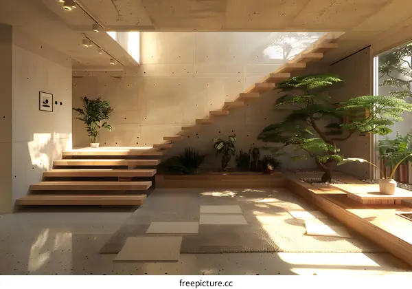 Staircase in a modern house with lots of plants