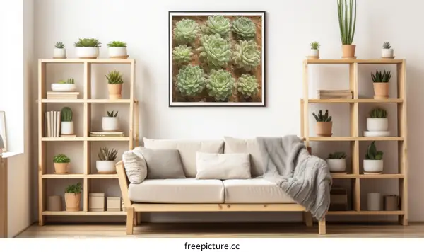 A living room with a sofa, shelves, and a picture of succulents on the wall