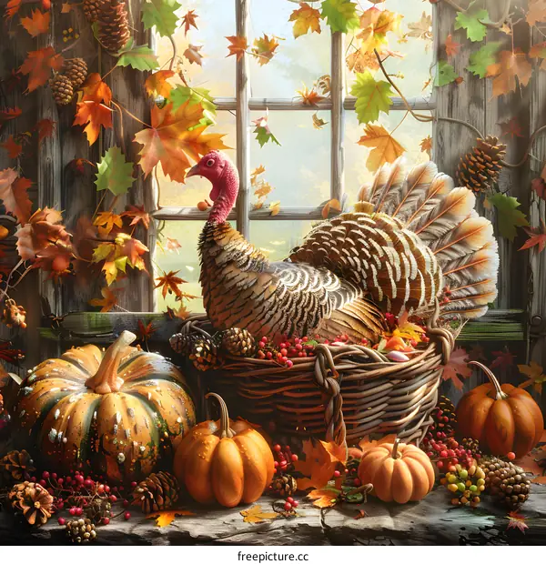 A bountiful Thanksgiving still life with a turkey, pumpkins, and autumn leaves.