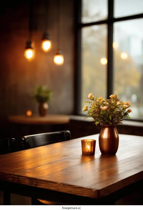 Warm Wooden Table with Decorative Vase and Candle