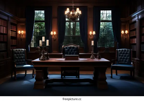 Vintage Study Room with Fireplace and Bookshelves