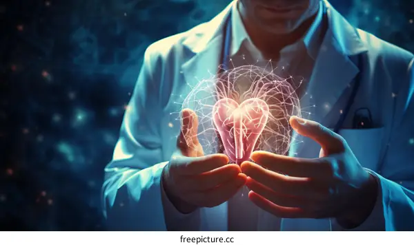Surgeon holding a glowing heart in his hands