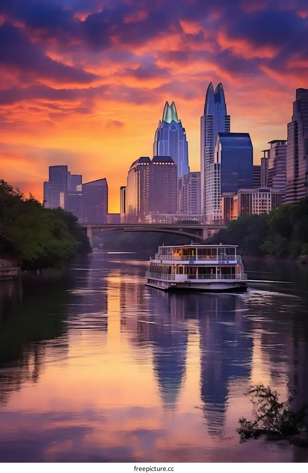 Austin skyline with a boat on the river at sunset