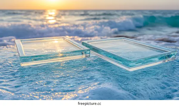 Transparent Glass Trays on the Beach at Sunrise