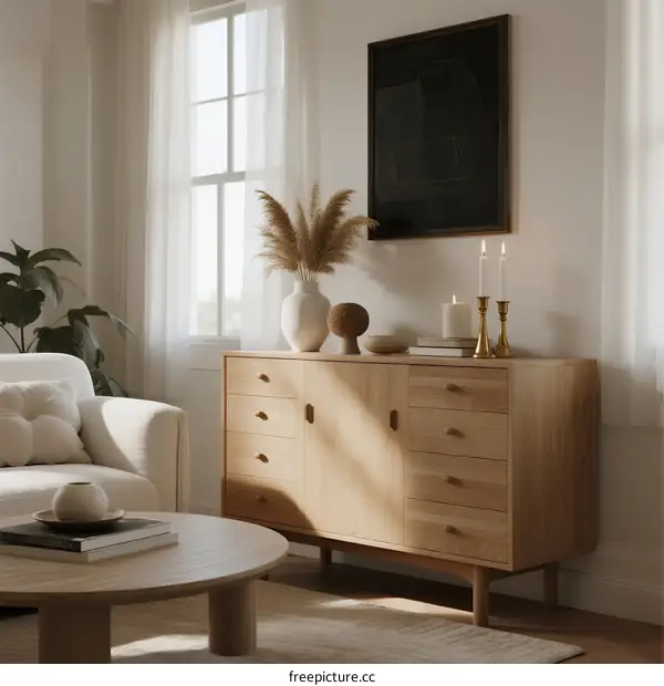 Modern light wood sideboard with decorative items in cozy living room