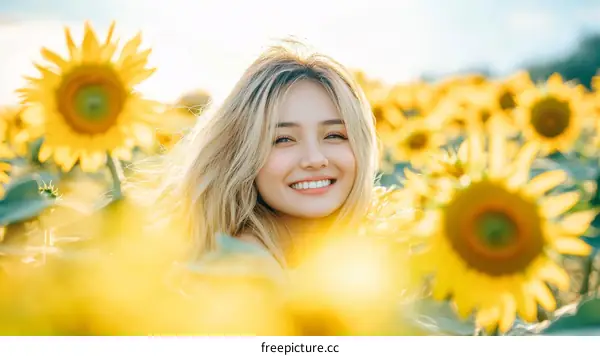 Smiling Woman in a Sunflower Field