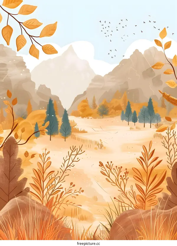 Autumn Mountain Landscape with Birds Flying