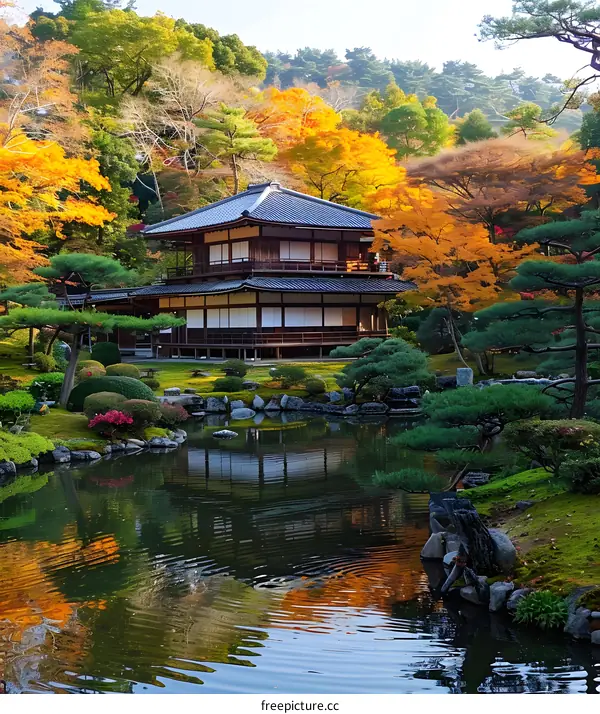 Traditional Japanese Architecture with Autumn Leaves and a Pond