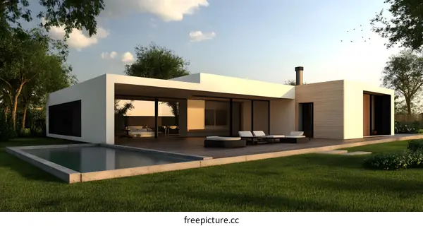Modern Minimalist House Design With Swimming Pool And Lawn