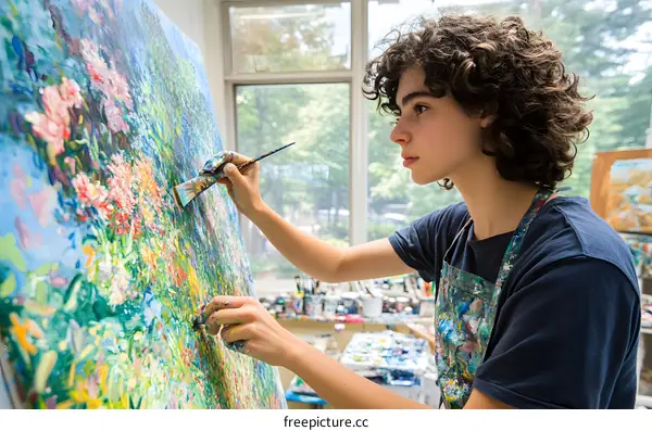 Young Artist Painting Colorful Landscape on Canvas