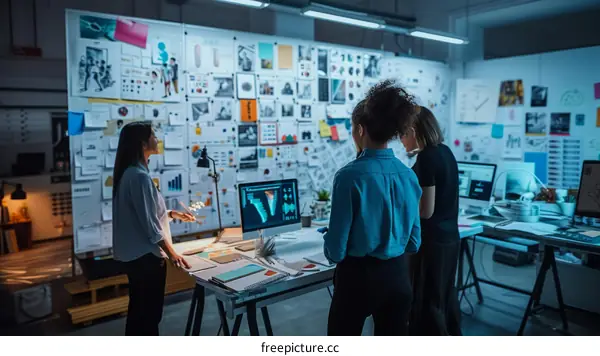 Three businesswomen brainstorming ideas in a creative office space