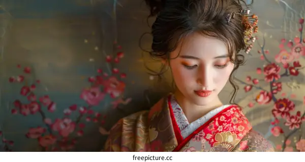 Portrait of a beautiful Japanese woman in traditional kimono