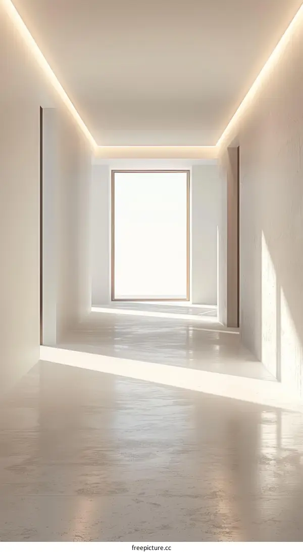 Bright empty room with large window at the end of the hall