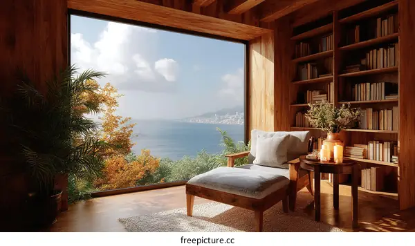 Coastal Reading Nook with Wooden Bookshelf