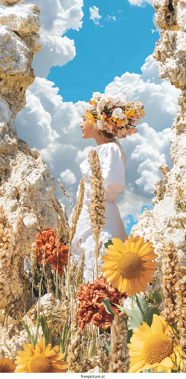 Woman in White Dress with Flower Crown Standing in Field