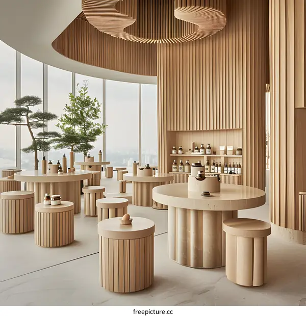 Minimalist Modern Interior Design with Wooden Tables and Stools in a High Rise Building