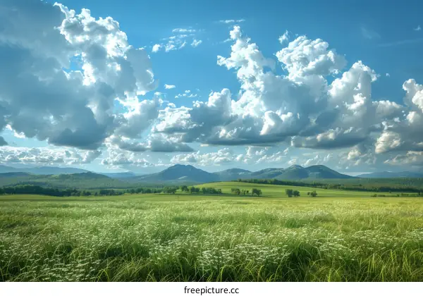 Idyllic Rural Landscape with Green Fields and Distant Mountains