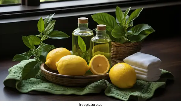 Natural beauty products with fresh lemons and organic oils